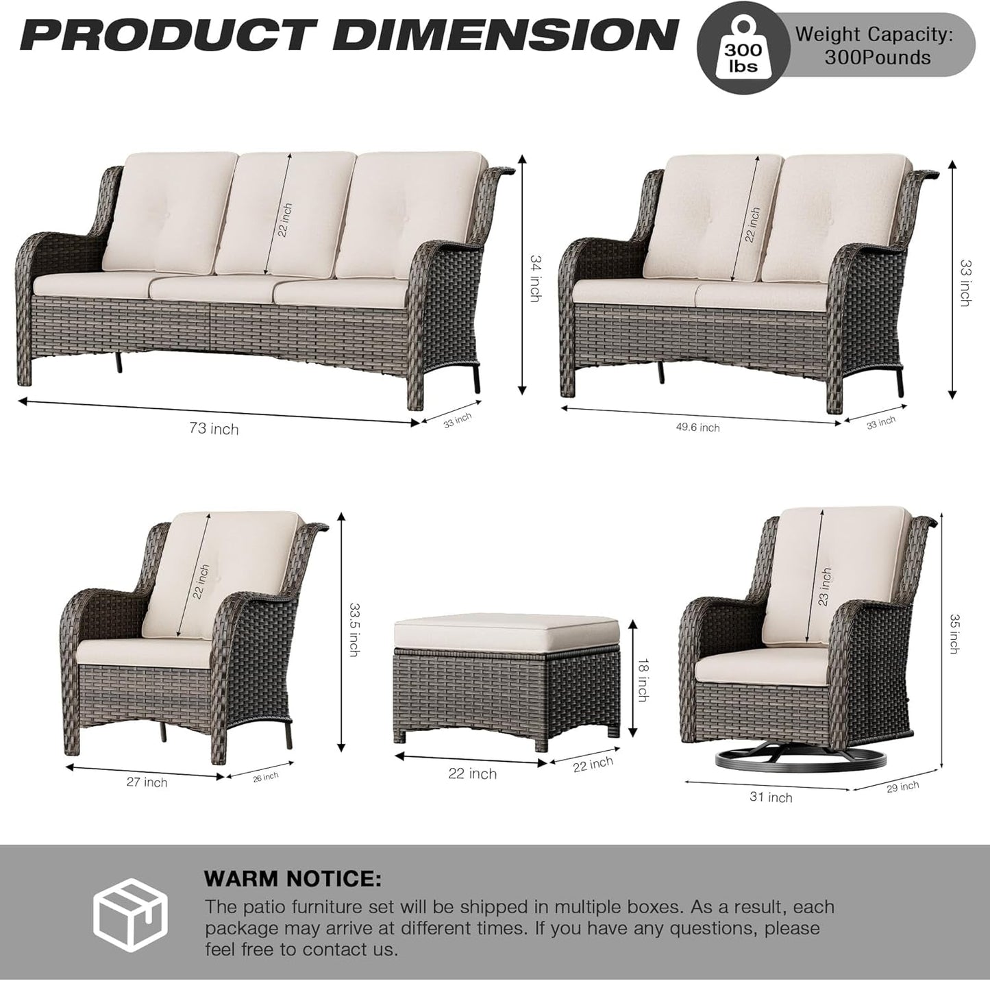 Wicker Patio Furniture Sets 8 Piece Set with 3-Seat Sofa, 2 Swivel Rocking Armchairs, 2 Armchairs, 2 Ottoman and 1 Side Table Wicker Outdoor Furniture Sectional Conversation Set, Beige