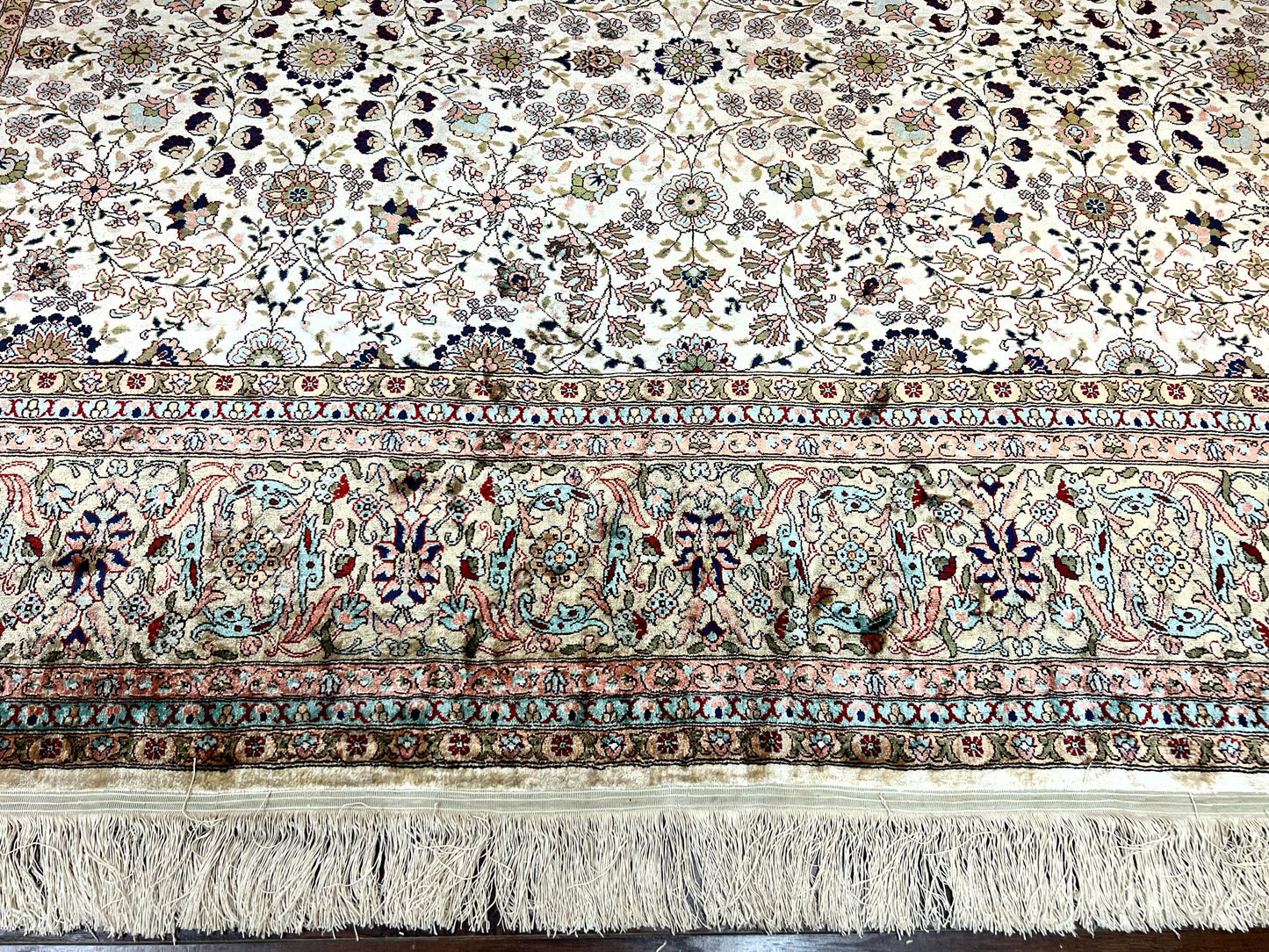 Wonderful Silk Hereke Rug 8x12, Silk Pile on Silk Foundation, Ivory/Cream, Floral Pattern, Handmade, Vintage-4