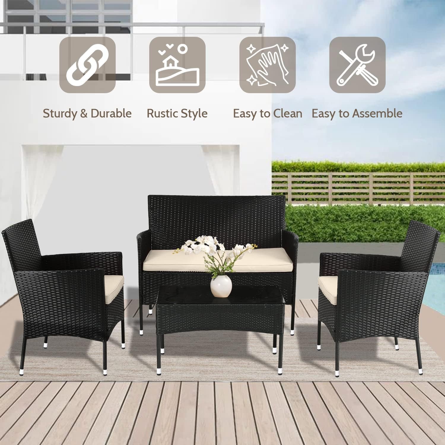 Patio Furniture Set 4 Pieces Outdoor Rattan Chair Wicker Sofa Garden Conversation Bistro Sets for Yard,Pool or Backyard-3