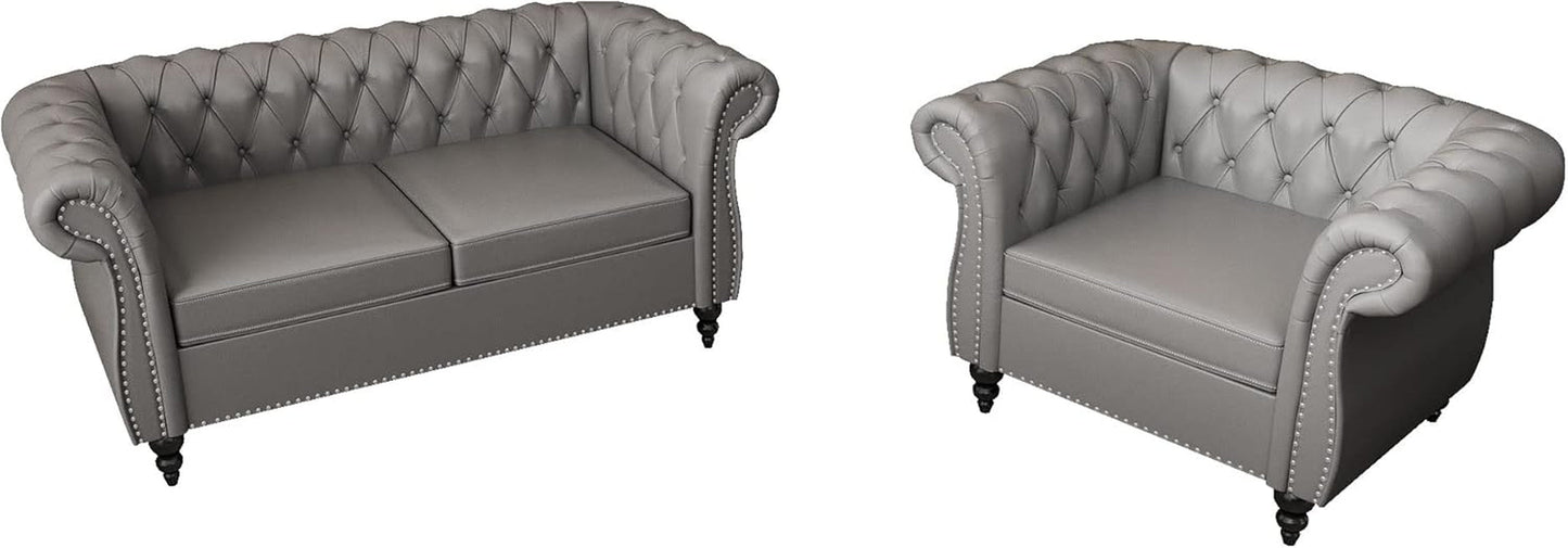2 Piece Living Room Set, Chesterfield PU Leather Sofa Loveseat Couch Chair with Scroll Arms and Nailhead for Living Room, Office (PU Grey, 1-2)