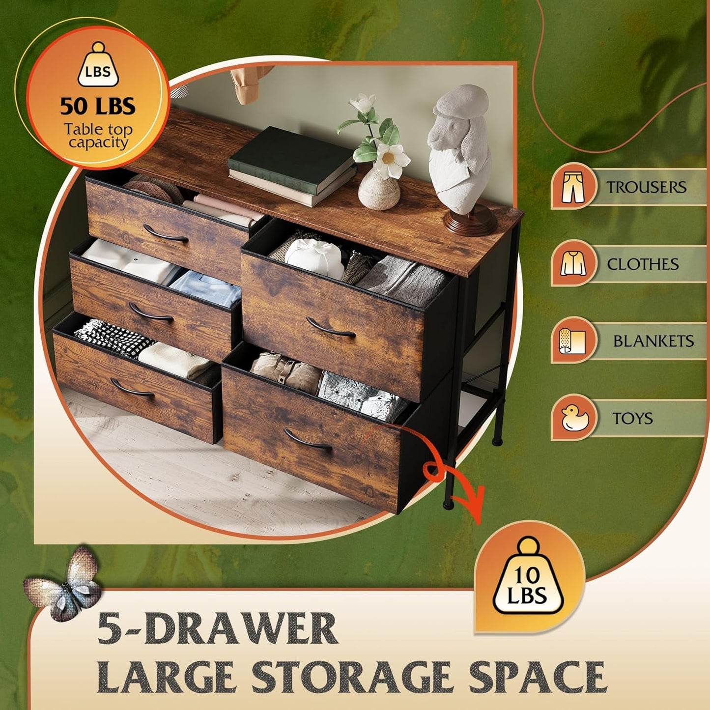 Dresser for Bedroom with 5 Drawers, Wide Bedroom Dresser with Drawer Organizers, Chest of Drawers, Fabric Dresser for Living Room, Closet, Hallway, Rustic Brown Wood Grain Print-4