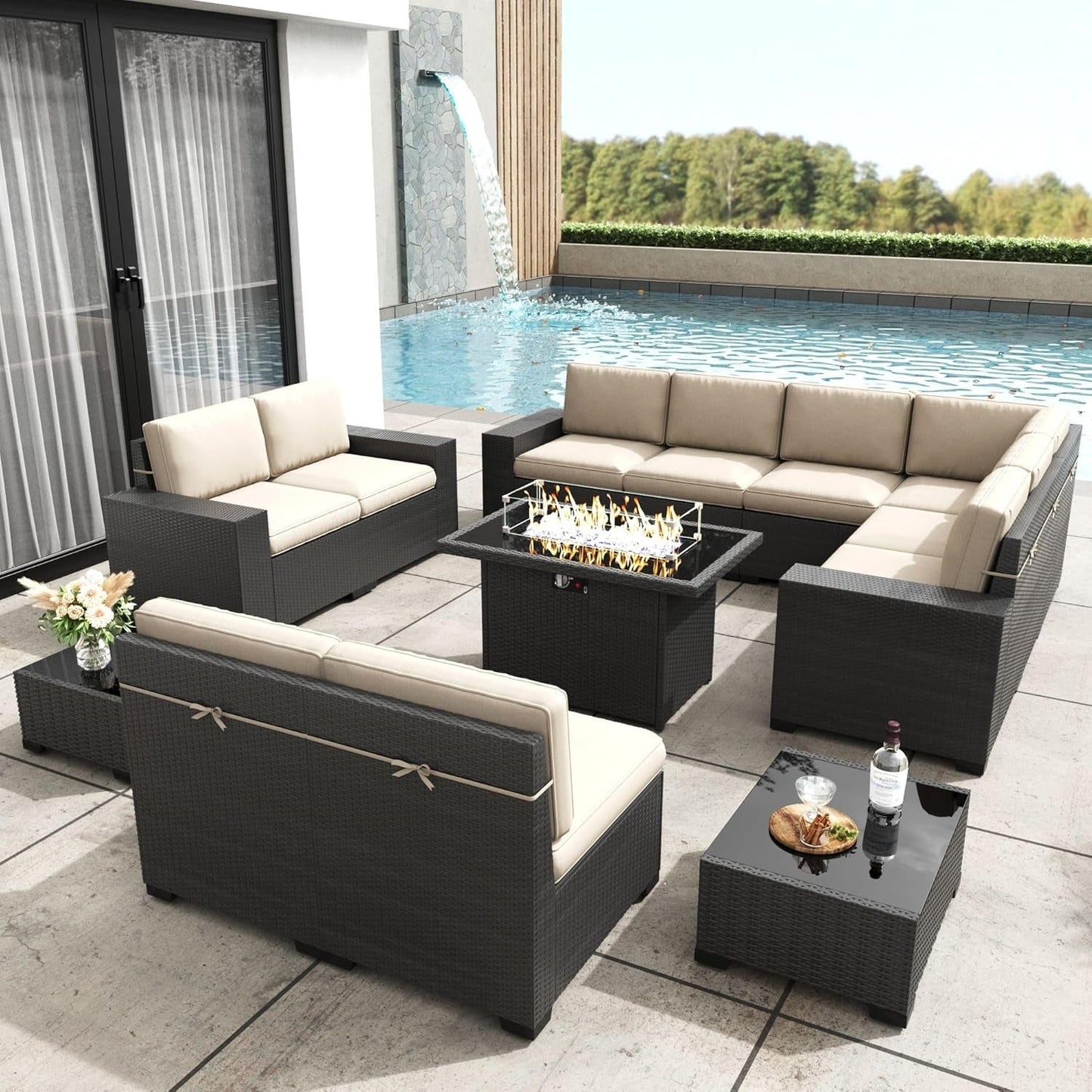 Patio Furniture Set with Fire Pit Table, 13 Pieces Outdoor All-Weather Wicker Conversation Sectional Chair Sofa Set