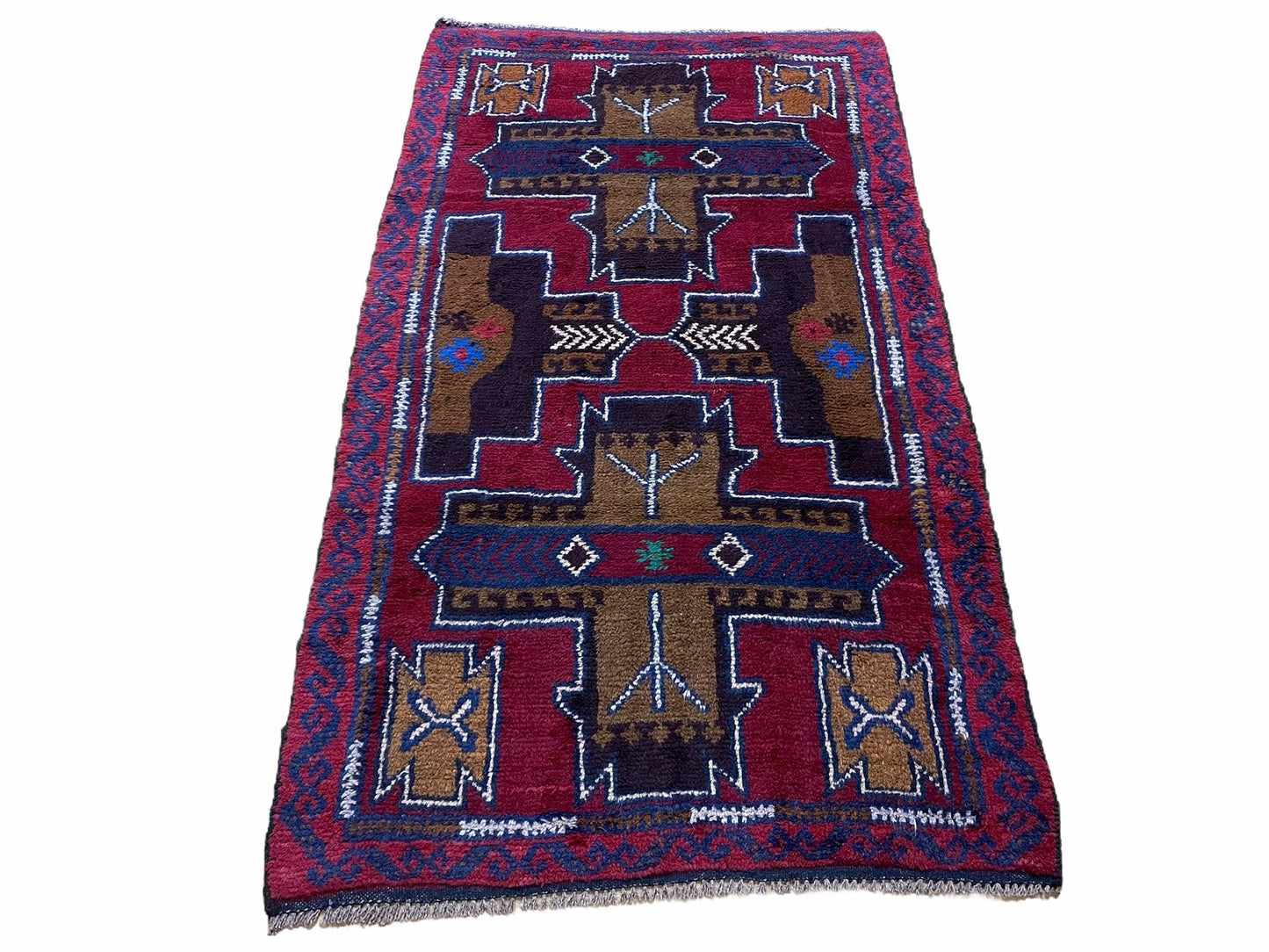2' 10" X 4' 9" Vintage Handmade Tribal Wool Rug Balouchi Rug Afghan Rug Red Blue-0