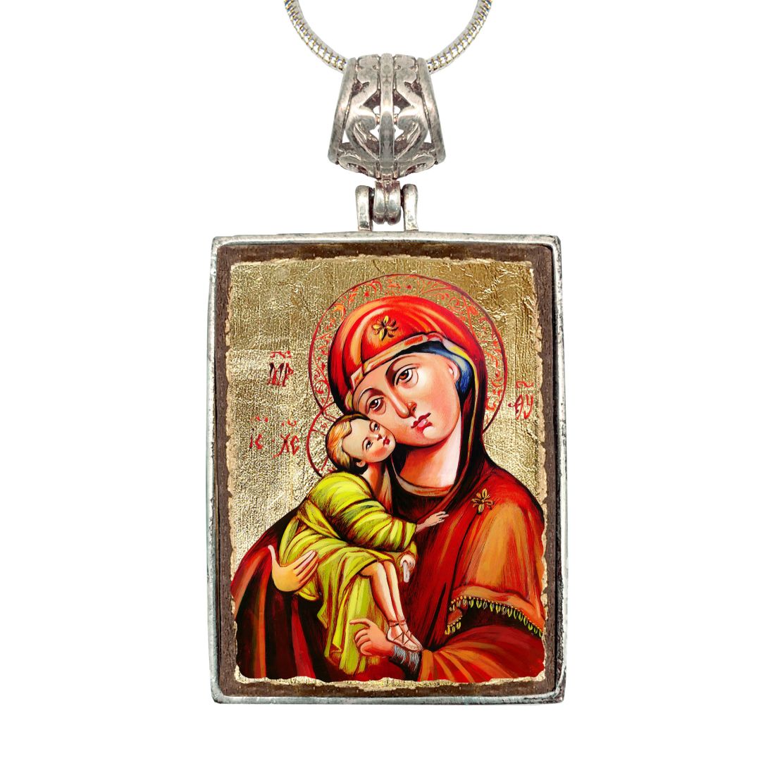 Virgin Mary Religious Jewelry Silver Plated Necklace, Gold-Plated Wooden Cabochon - Orthodox Sacred Icon - Inspirational Icon Decor - 43011R