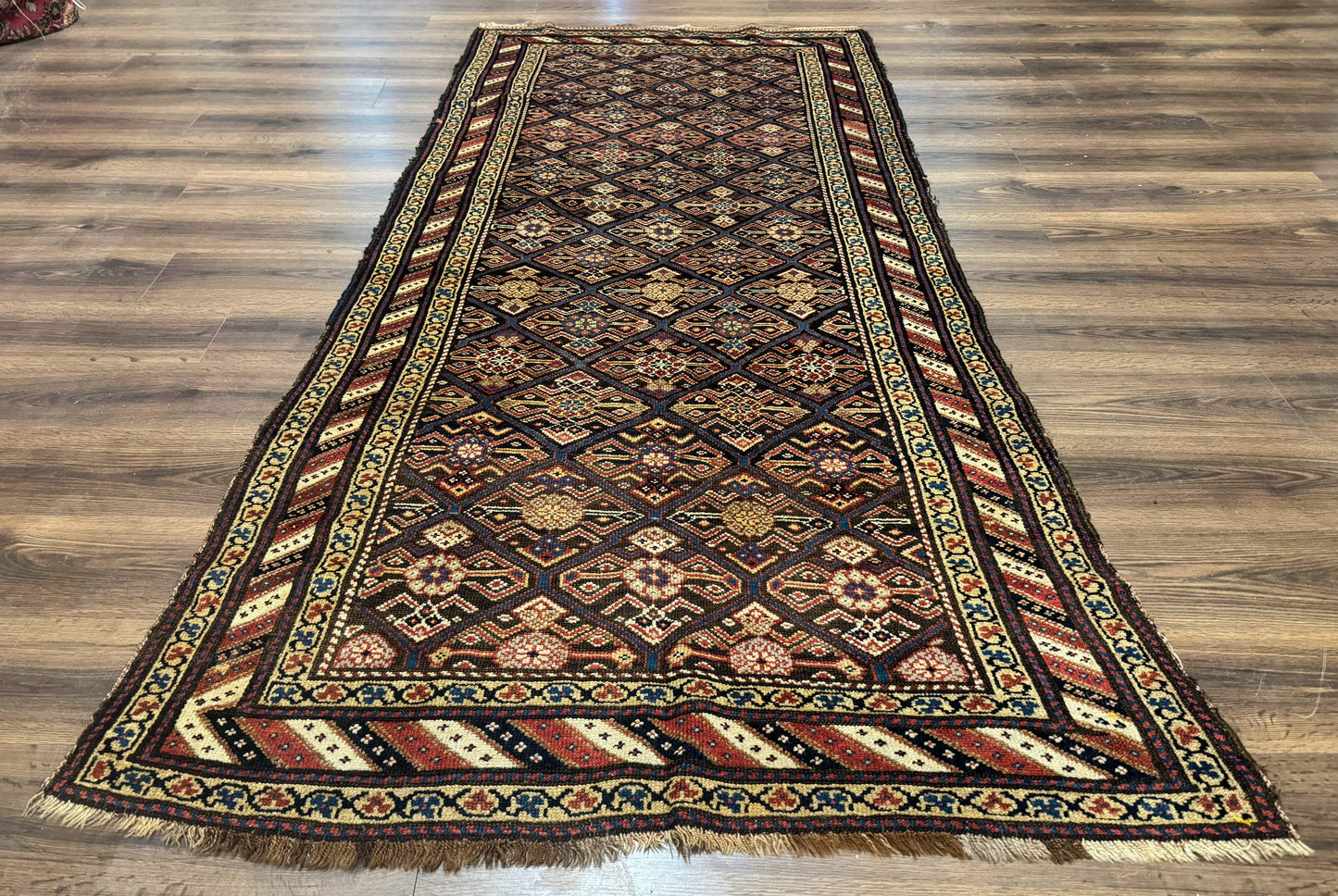 Antique Persian Wide Runner Rug 4x9, Kurdish Rug, Panel Design, Rainbow Border, Rare Tribal Rug