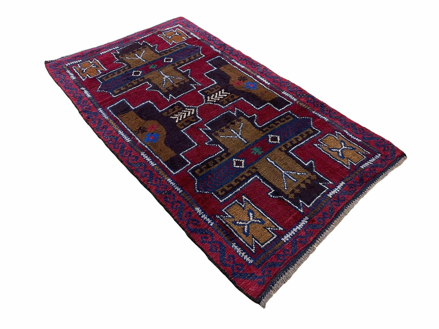2' 10" X 4' 9" Vintage Handmade Tribal Wool Rug Balouchi Rug Afghan Rug Red Blue-1