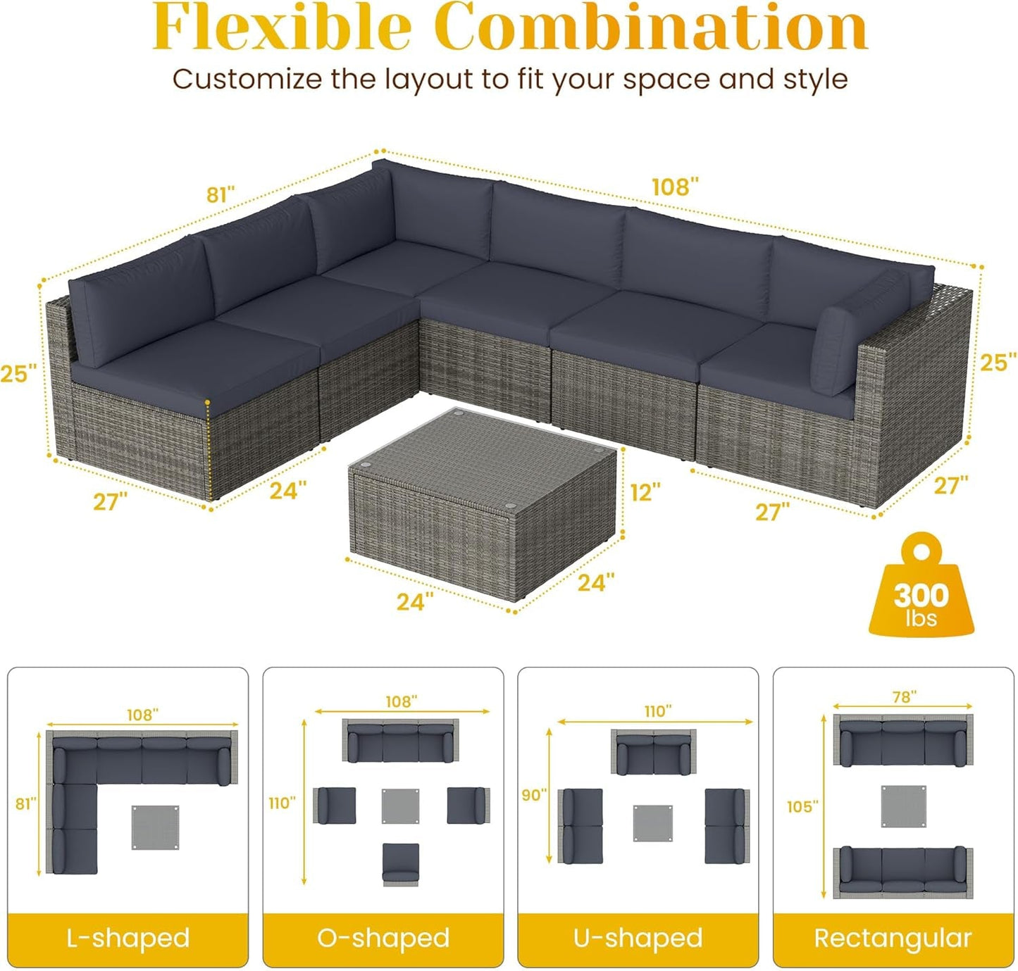 Seven Piece Outdoor Patio Furniture Set with Cushions