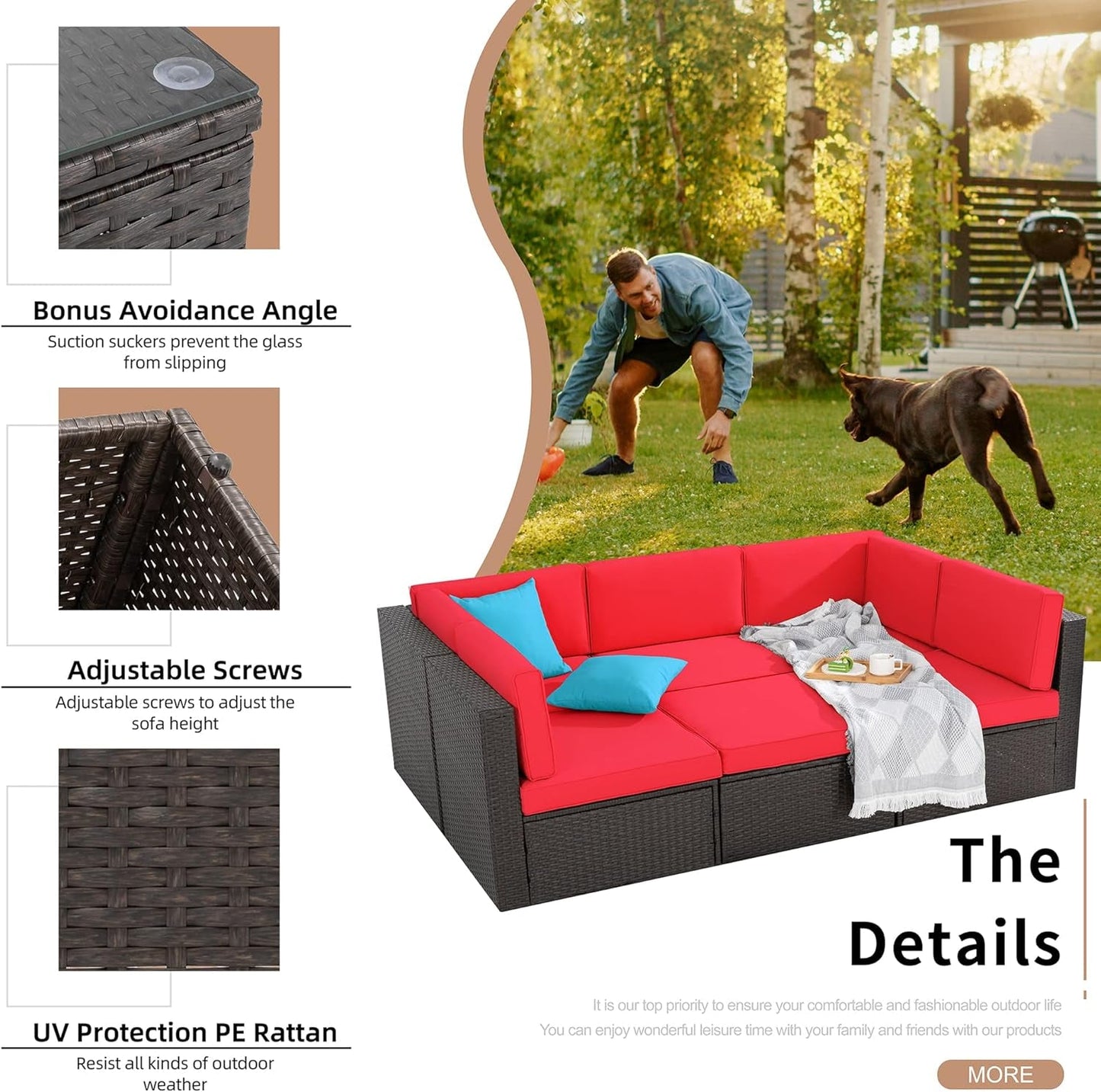 6 Pieces Patio Furniture Sets Outdoor All-Weather Sectional Patio Sofa Set PE Rattan Manual Weaving Wicker Patio Conversation Set with Glass Table&Ottoman Cushion and Red Pillows, Red-4