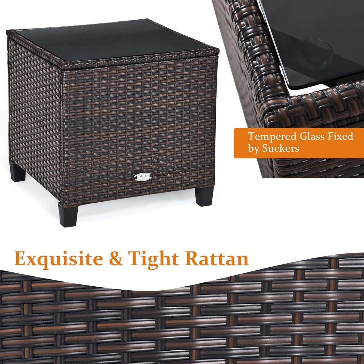 3 Pieces Patio Furniture Set, PE Rattan Wicker 3 Pcs Outdoor Sofa Set W/Washable Cushion and Tempered Glass Tabletop, Conversation Furniture for Garden Poolside Balcony (White)-4