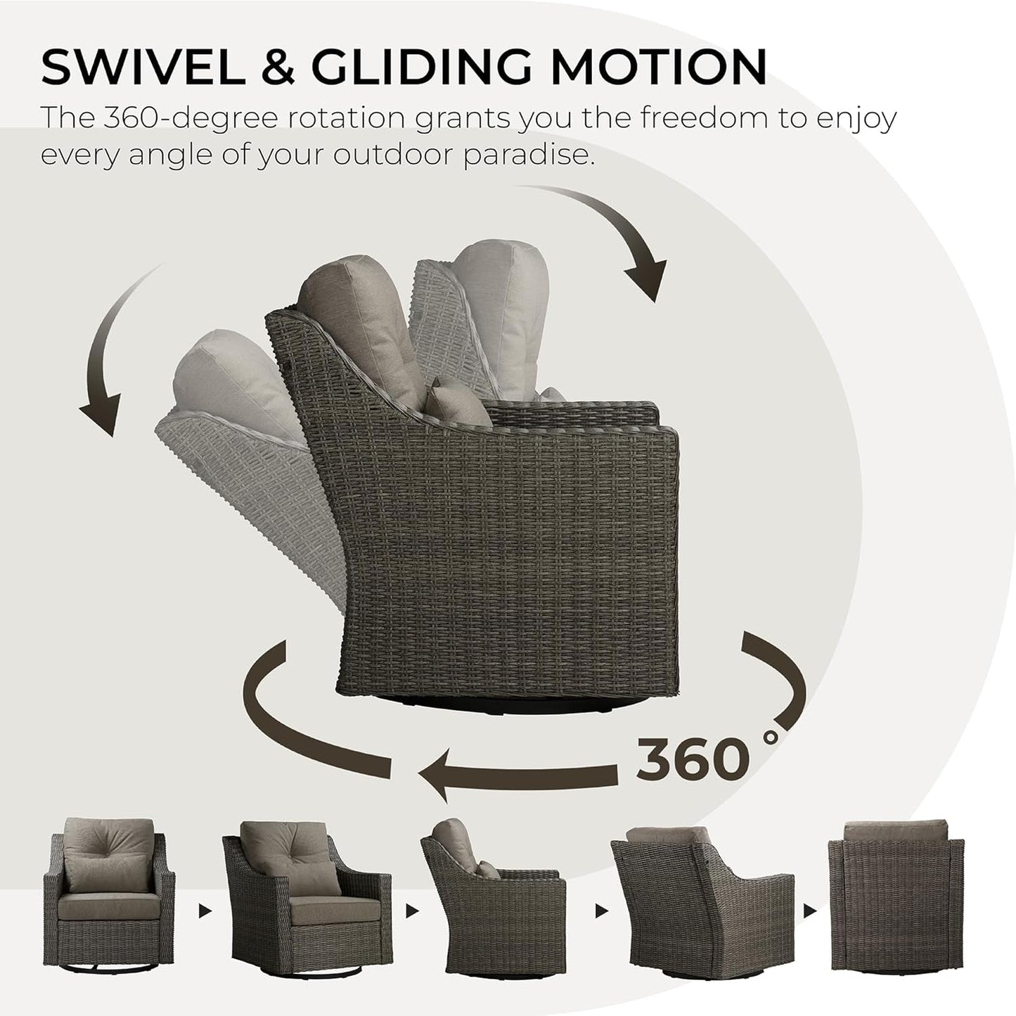 3 Pieces Wicker Patio Bistro Set, Outdoor Furniture Set with 2 Pieces Rattan Rocking Swivel Chairs, Thickened Cushions and Side Table, Brownish Grey Cushions with Grey Wicker-2