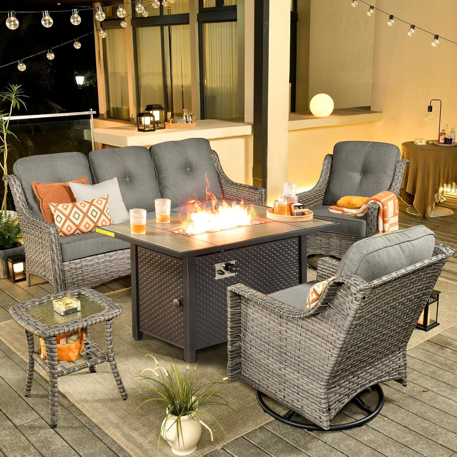 Outdoor 5 Piece Patio Furniture with Fire Pit Table,Wicker Coversation Set with Swivel Rocking Chair,Comfy Sectional Deep Sofa for outside Porch Balcony Backyard Pool,Dark Grey-0