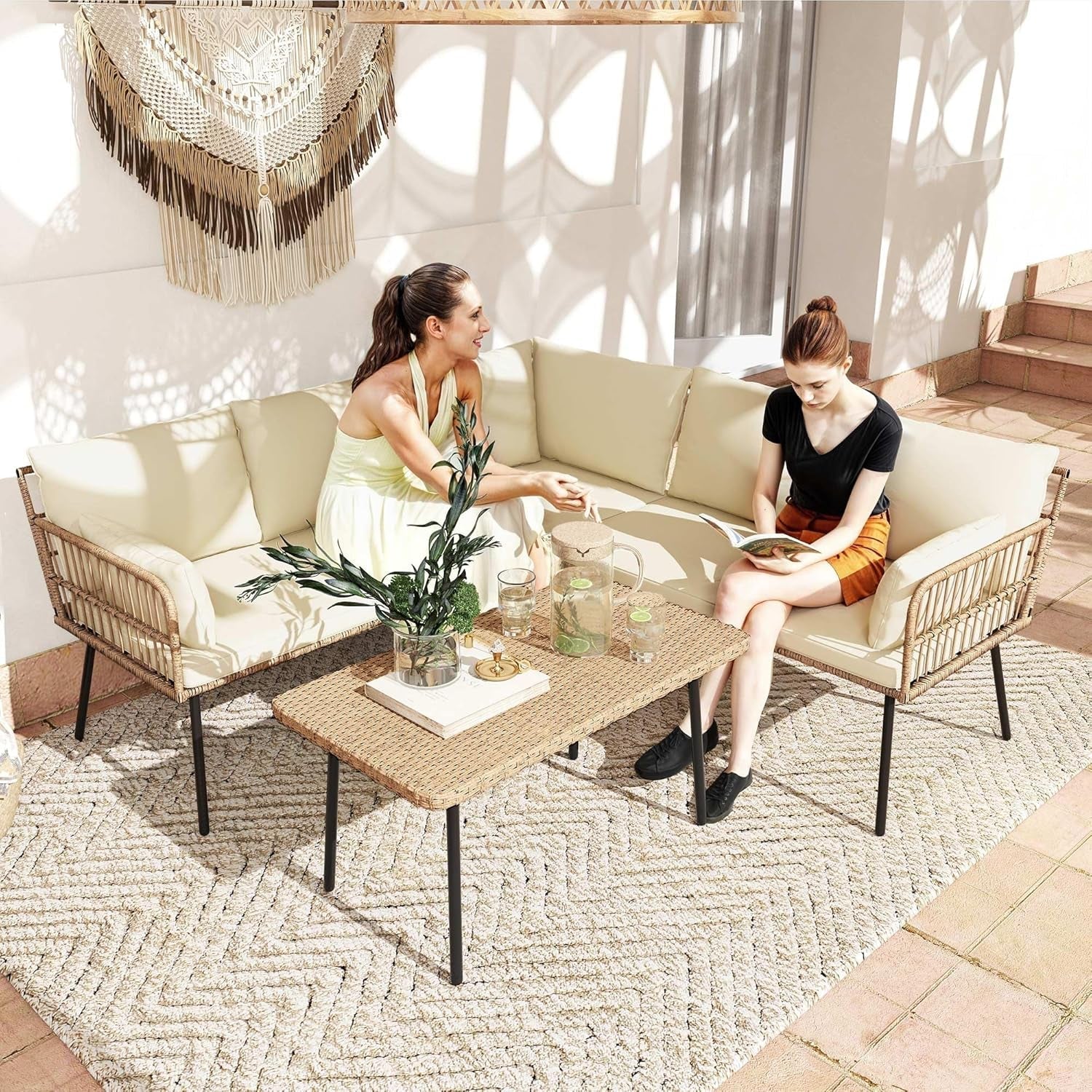 Patio Furniture Set, 4 Pieces Outdoor Patio Conversation Set, All-Weather PE Rattan Sectional L-Shaped Sofa with Soft Cushion and Side Table for Backyard, Porch, Boho Detachable Lounger (Beige)-0