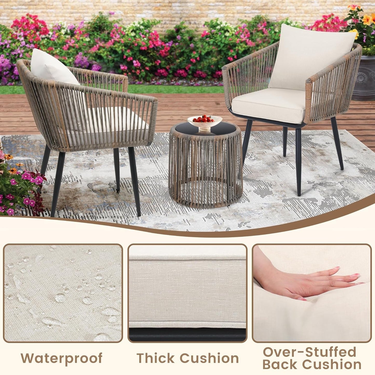 3 Piece Patio Rattan Bistro Conversation Set, Outdoor All Weather Wicker Furniture Chairs and Side Table Set, Ideal for Balcony, Porch and Backyard, Beige-3