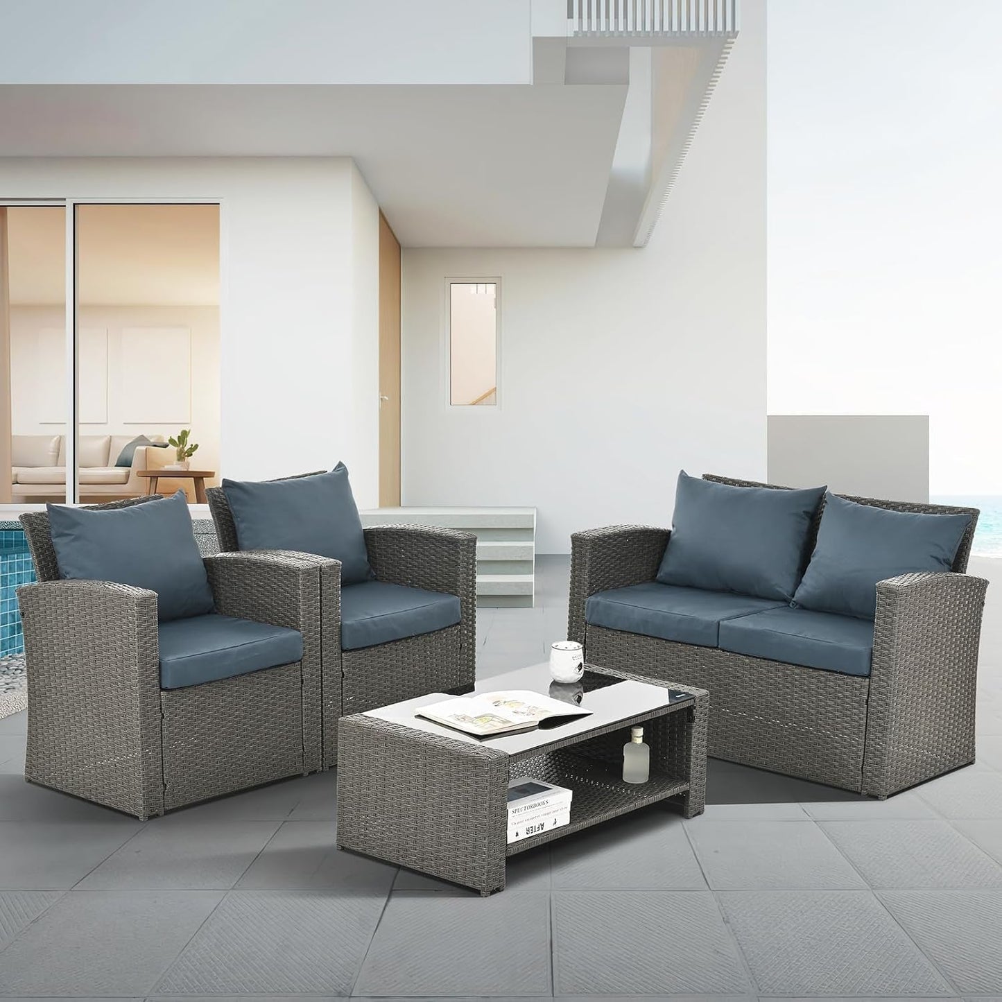 Outdoor Wicker Patio Furniture Set with Cushions and Table