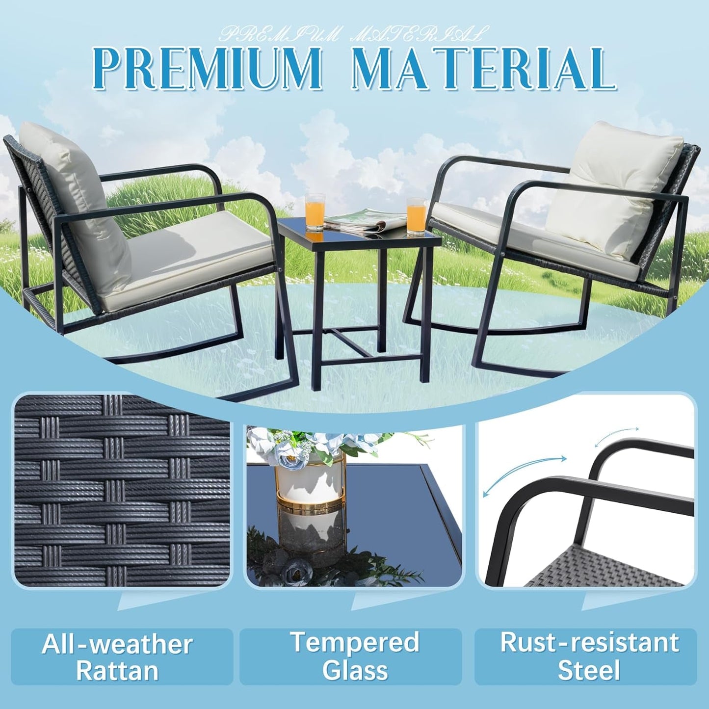 Patio Chairs 3 Piece Wicker Rocking Chair Outdoor Bistro Sets with Coffee Table and Cushions Metal Frame Patio Furniture for Porch, Balcony, Lawn (White)