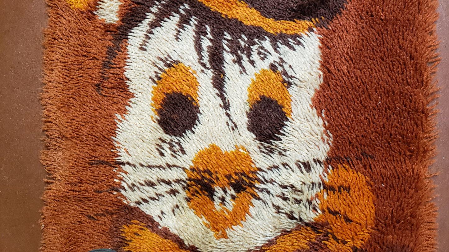 2x3 Rya Shag Rug Mid-Century Modern Danish Shag Rug 1960s Accent Rug Bunny Rabbit in Hat Dark Orange Small Shag Rug-1