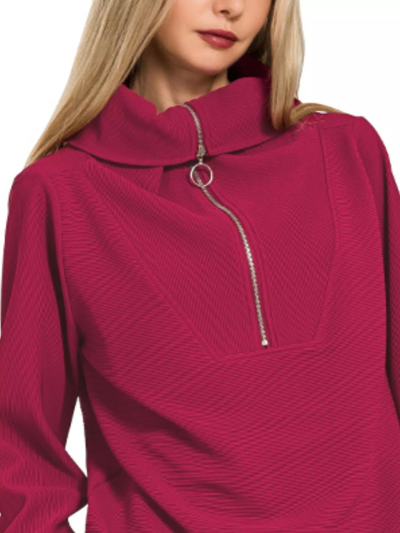 Zenana Ribbed High Neck Half Zip Pullover & Pants Set-2