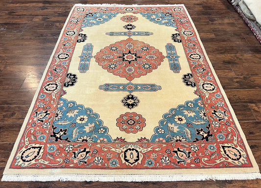 Romanian Heriz Serapi Rug 6x9, Hand Knotted Vintage Wool Oriental Carpet, Medium Sized Area Rug, Boho Rug, Handmade Rug, Cream and Pink-0