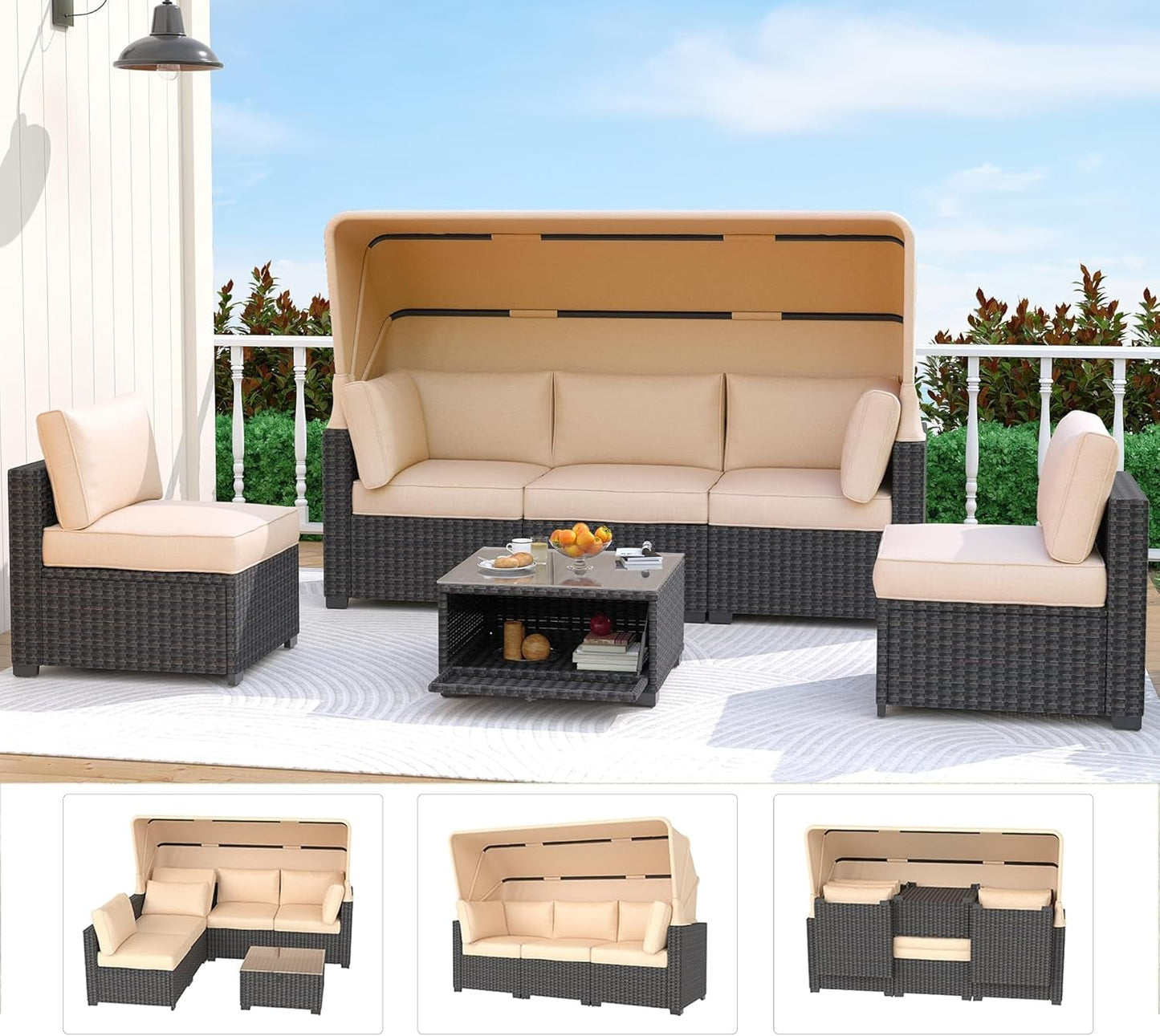 Outdoor Daybed with Canopy,6 Pieces Patio Furniture Sets Adjustable Backrest PE Gradient Wicker Sectional Furniture Set with Tempered Glass Side Table