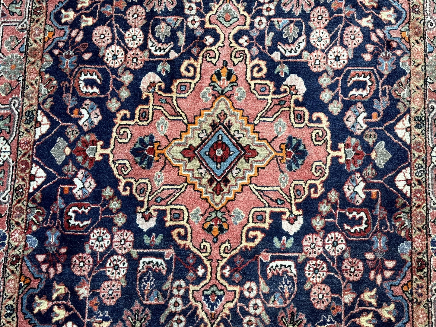 Persian Rug 3x5, Jozan Sarouk Rug, Navy Blue and Coral, Medallion Rug, Semi Antique