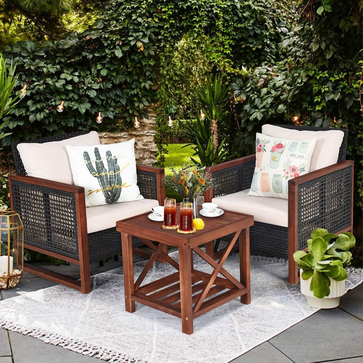 3 Pieces Patio Wicker Furniture Set, Rattan Outdoor Sofa Set W/Washable Cushion & Acacia Wood Coffee Table, Conversation Bistro Set for Garden Balcony Backyard (Beige)-1
