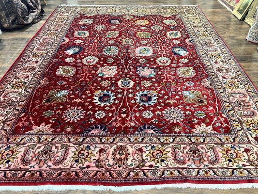 Persian Tabriz Rug 10x12, Floral Allover, Handmade Vintage Wool Carpet, Red and Cream-0