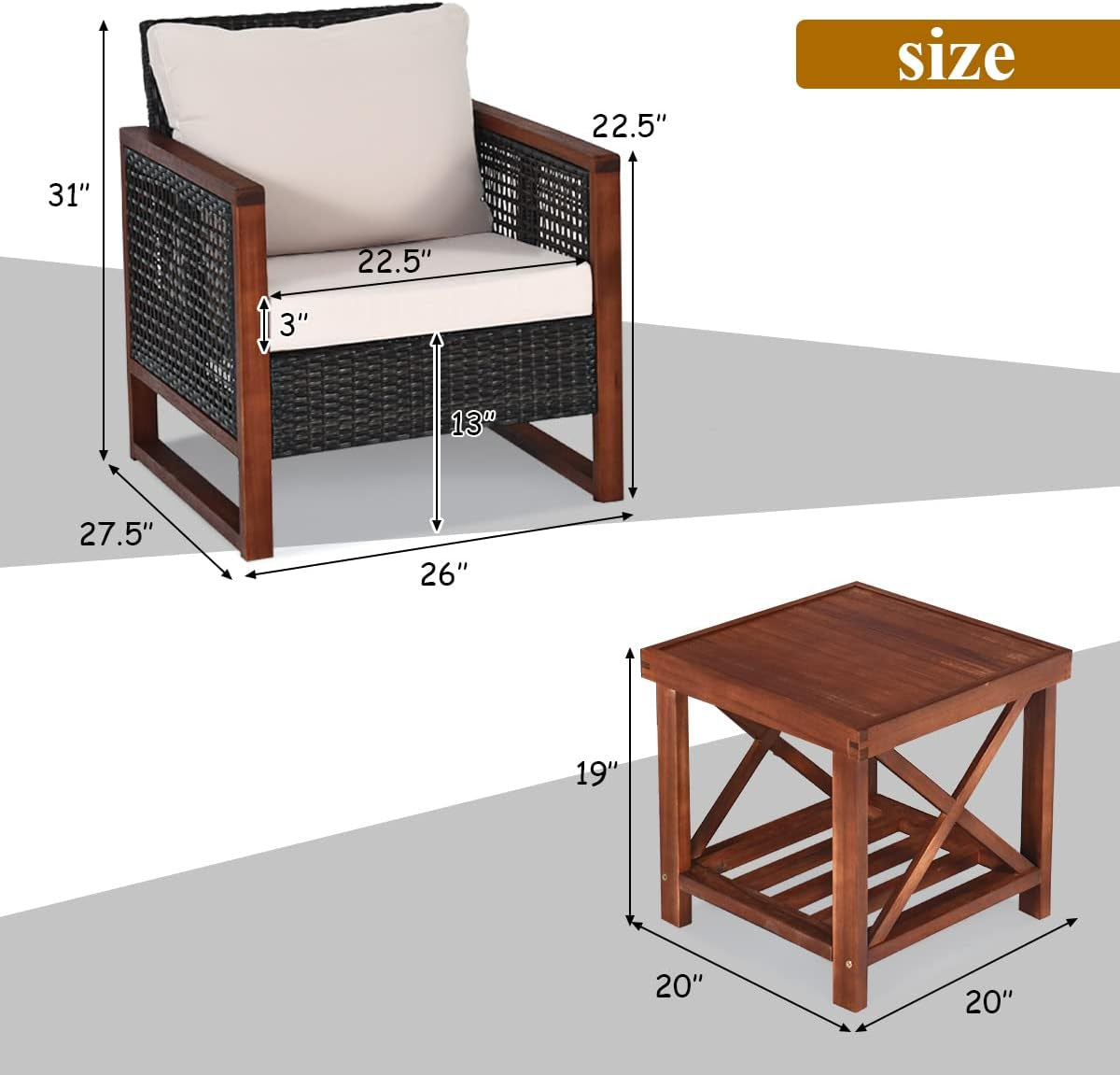 3 Pieces Patio Wicker Furniture Set, Rattan Outdoor Sofa Set W/Washable Cushion & Acacia Wood Coffee Table, Conversation Bistro Set for Garden Balcony Backyard (Beige)-4