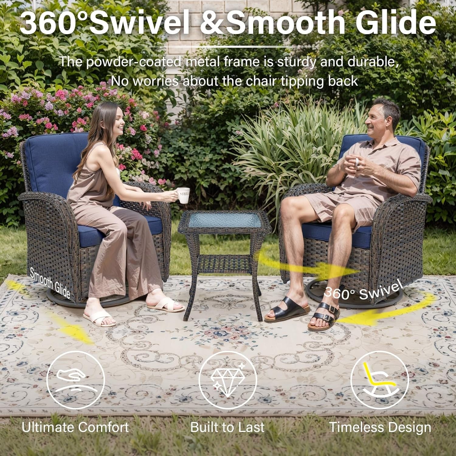 Patio Wicker Chairs Swivel Rocker Outdoor Swivel Rocking Chairs Set of 2 with Rattan Side Table Swivel Glider Chair 3 Piece Patio Furniture Sets for Patio Porch Pool Brown/Blue, (A085-1)-2