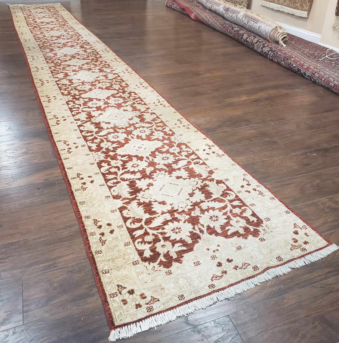 21 ft Runner Rug Long Hallway Runner, 3 x 21 Corridor Rug, Peshawar Pak Persian Chobi Agra Rug, Maroon and Beige Large Flowers Wool Handmade-1