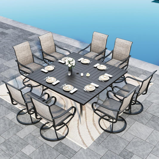 Patio Furniture Set Large Square Dining Table for 8 with Swivel Chairs Padded Textilene 9 Pieces Outdoor & Lawn Garden All Weather, Grayish Brown-Padded Textilene, 60''-0