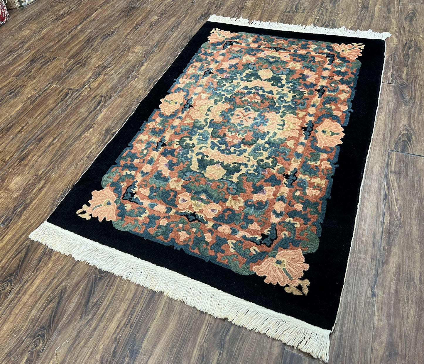 Chinese Art Deco Rug 3x5, Black and Beige Chinese Carpet 3 x 5, Vintage Rug, 1950s Rug, Floral Rug, Handmade Rug, Art Deco Rug, Wool Rug