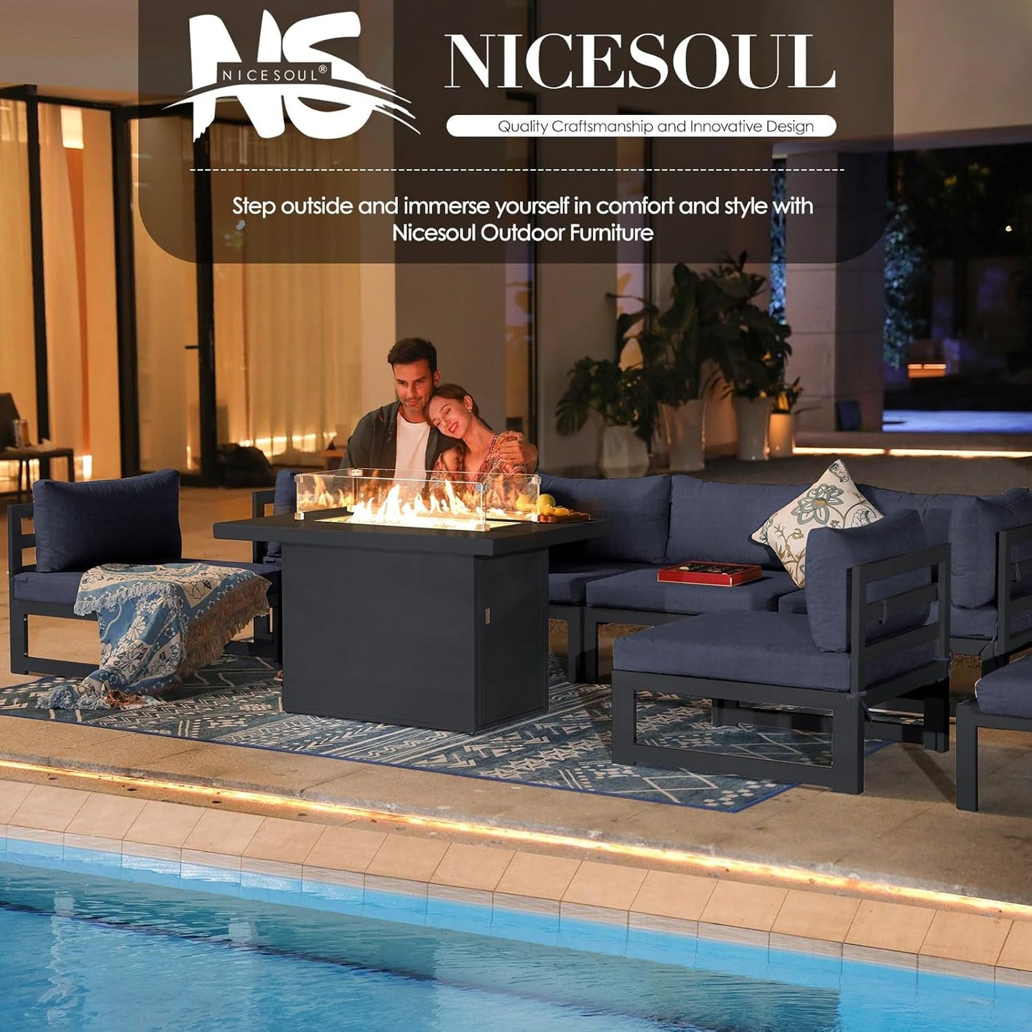 ® Modern Large Grey Aluminum Outdoor Patio Furniture Set with Propane/Natural Gas Fire Pit Table, 29'' Deep Wide Seating Conversation Sofa L Shaped Sectional Couch Set (6 Pieces, 5 Seats)-4