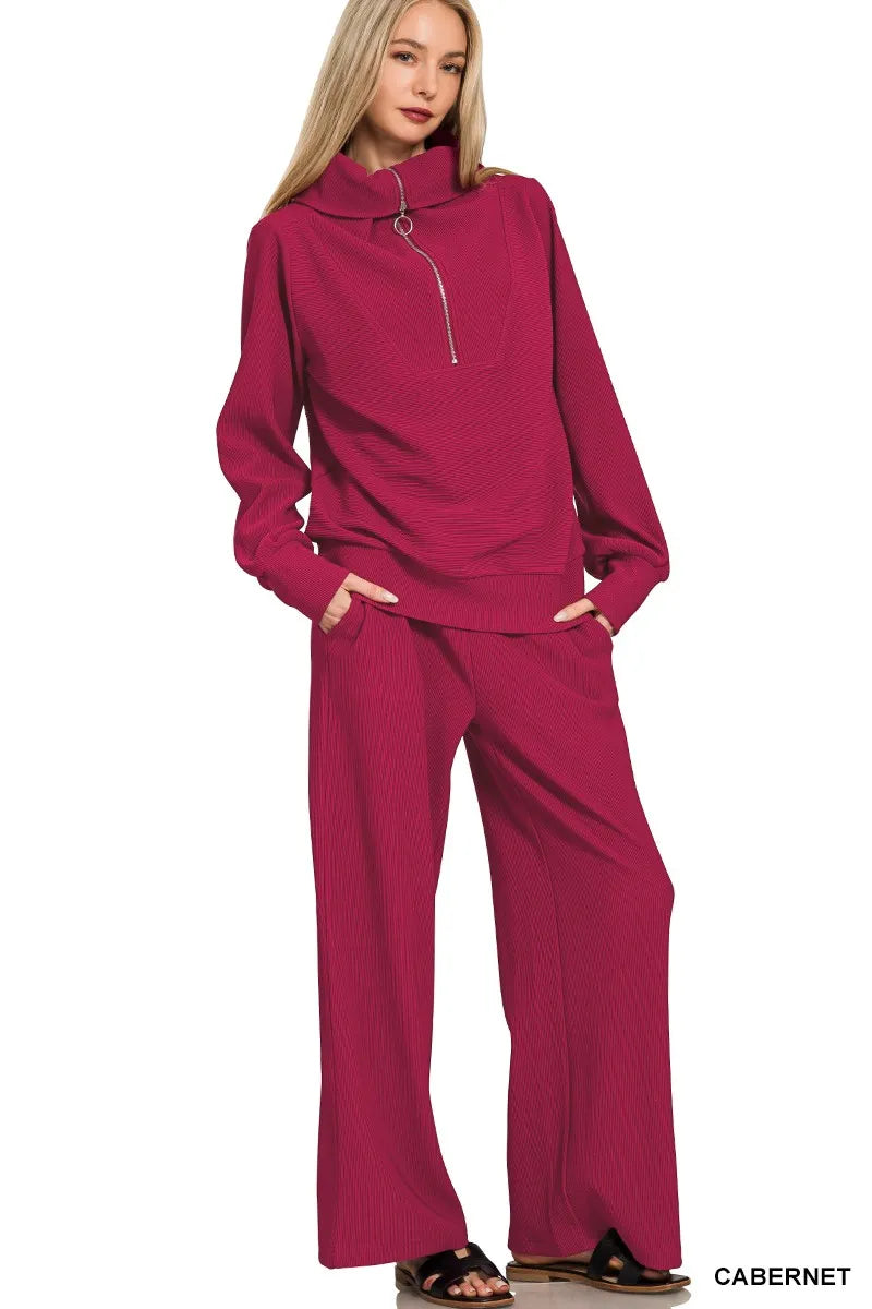 Zenana Ribbed High Neck Half Zip Pullover & Pants Set-1