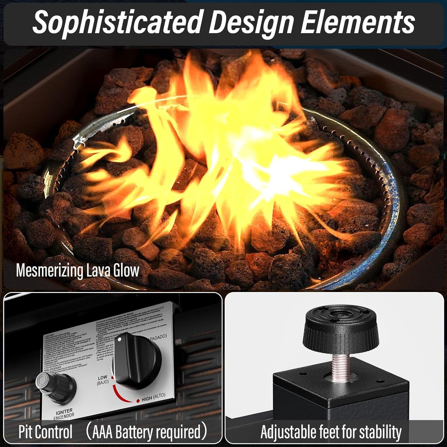 5 Piece Outdoor Patio Furniture Set with 50000 BTU Propane Fire Pit Table, Deep Seating Wicker Swivel Rocker Chairs and Loveseat Glider Patio Conversation Set for Poolside Deck Backyard Grey-4