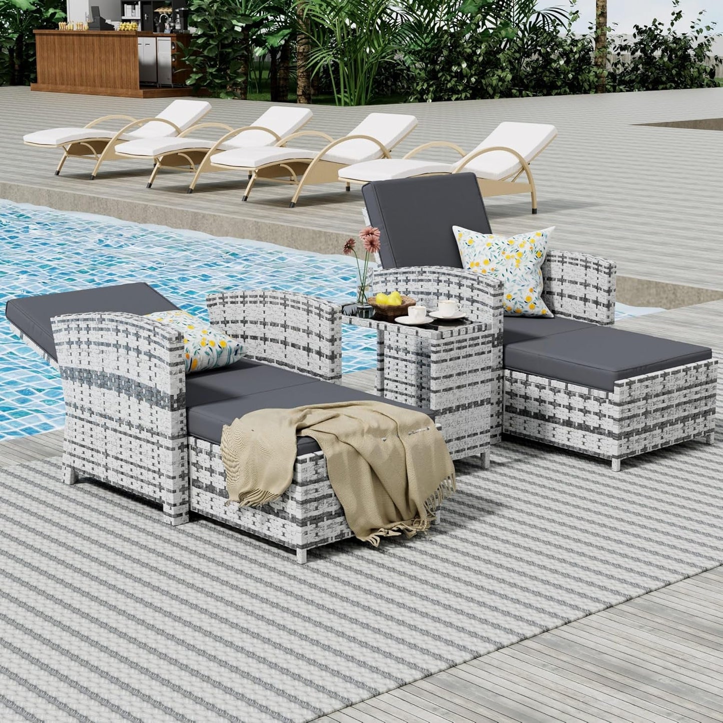 Outdoor Patio Chairs with Ottomans, 5 Piece Outdoor Patio Furniture Set, Wicker Patio Conversation Set, Outdoor Sofa with Ottoman, and Table for Porch, Garden, and Balcony, Grey-3