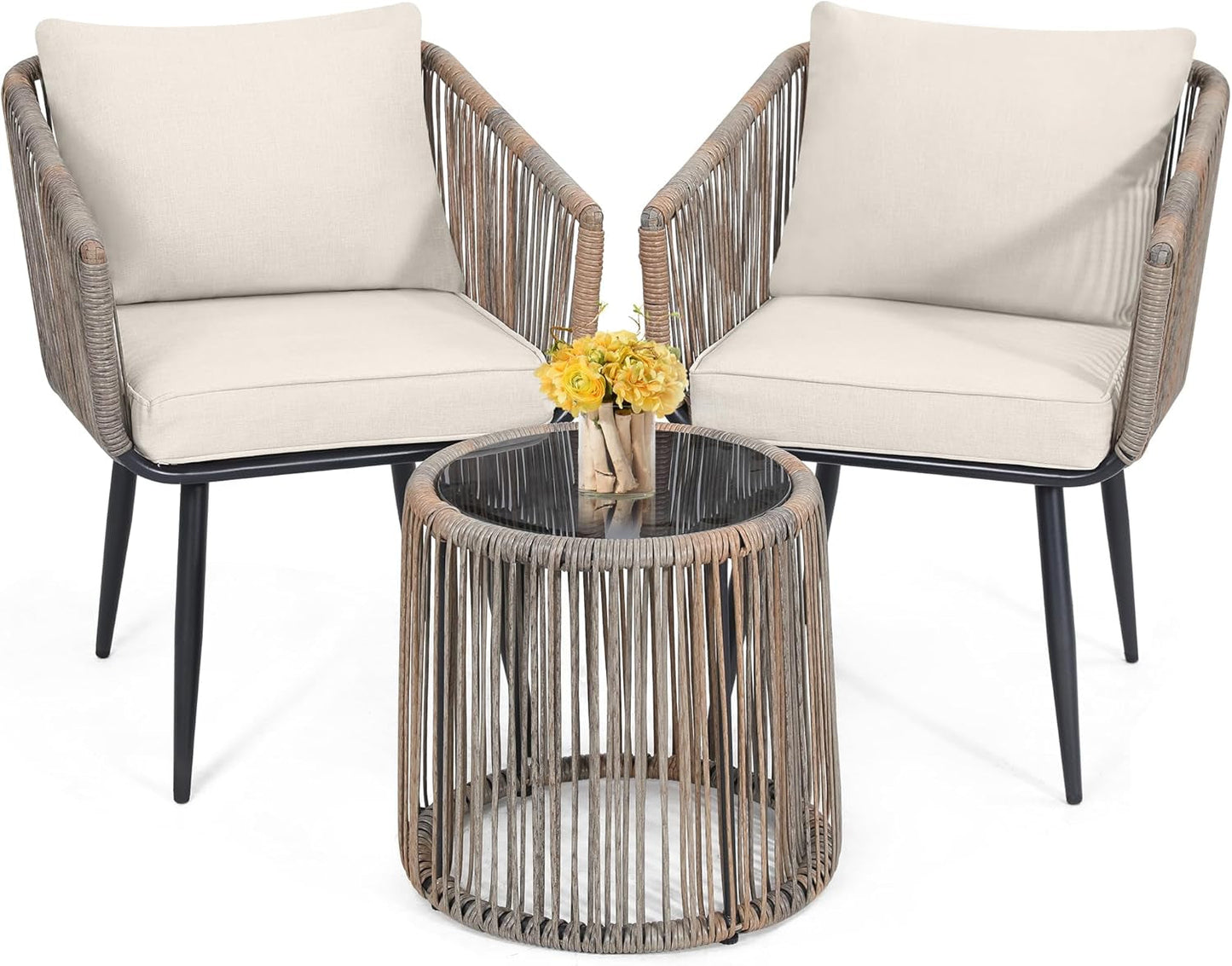 3 Piece Patio Rattan Bistro Conversation Set, Outdoor All Weather Wicker Furniture Chairs and Side Table Set, Ideal for Balcony, Porch and Backyard, Beige-0