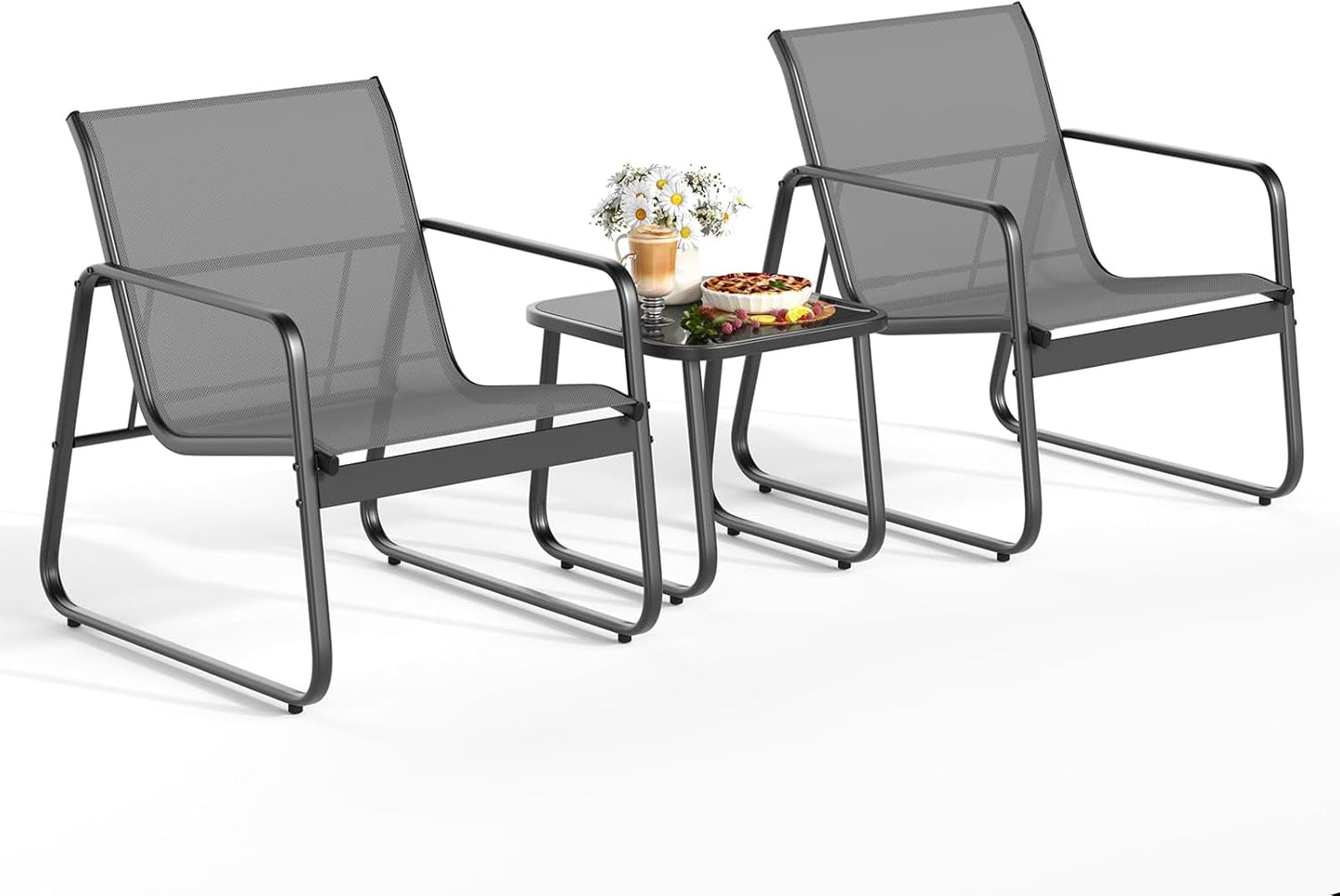 Patio Chairs Set of 2, 3 Piece Patio Furniture Set, Bistro Sets,With Textilene Fabric, Metal Frame Coffee Table, Outdoor Chairs Set, for Balcony, Backyard,Lawn, Garden, Poolside, Grey-1