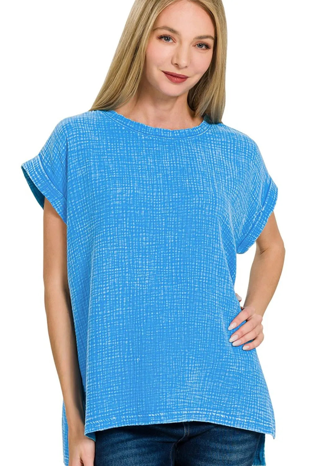 Zenana Woven Double Gauze Acid Washed Short Sleeve Top-1