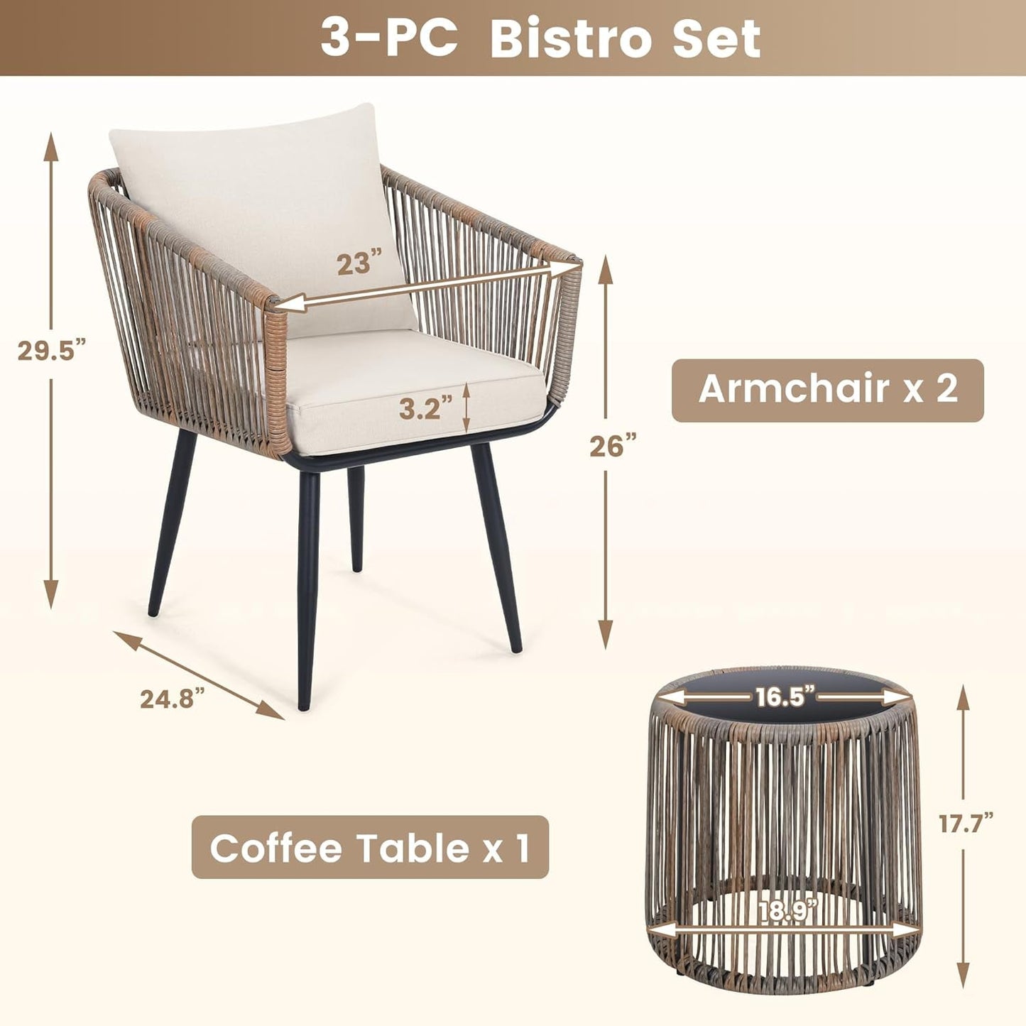 3 Piece Patio Rattan Bistro Conversation Set, Outdoor All Weather Wicker Furniture Chairs and Side Table Set, Ideal for Balcony, Porch and Backyard, Beige-4
