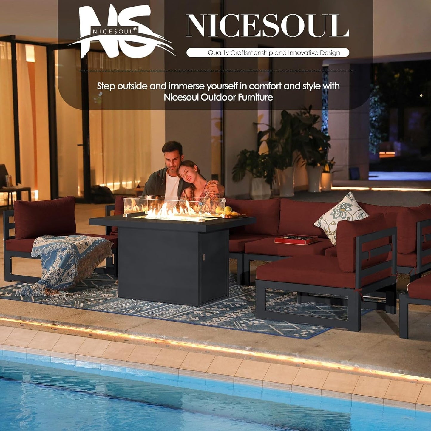 ® Modern Large Grey Aluminum Outdoor Patio Furniture Set with Propane/Natural Gas Fire Pit Table, 29'' Deep Wide Seating Conversation Sofa L Shaped Sectional Couch Set (6 Pieces, 5 Seats)-4