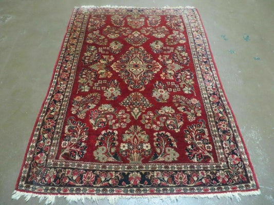 Red Persian Sarouk Rug 3x5, Antique Persian Carpet 1920s, Hand Knotted, Floral, Wool, Oriental Rug, Handmade Rug-0