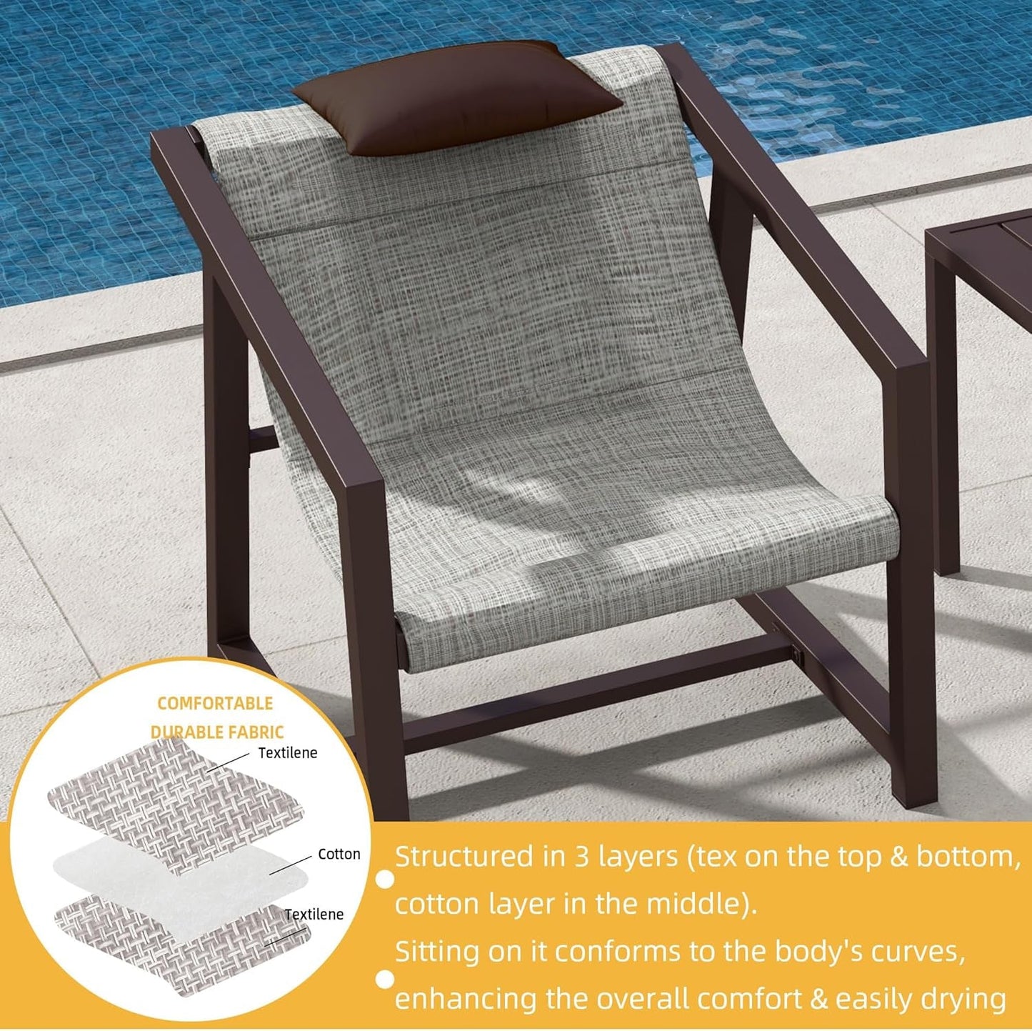 3 Pieces Patio Conversation Bistro Set, Textile Patio Furniture Set with Side Table & Headrest Pillows, Outdoor Sectional Sofa for Patio, Balcony, Backyard, Garden, Poolside-4