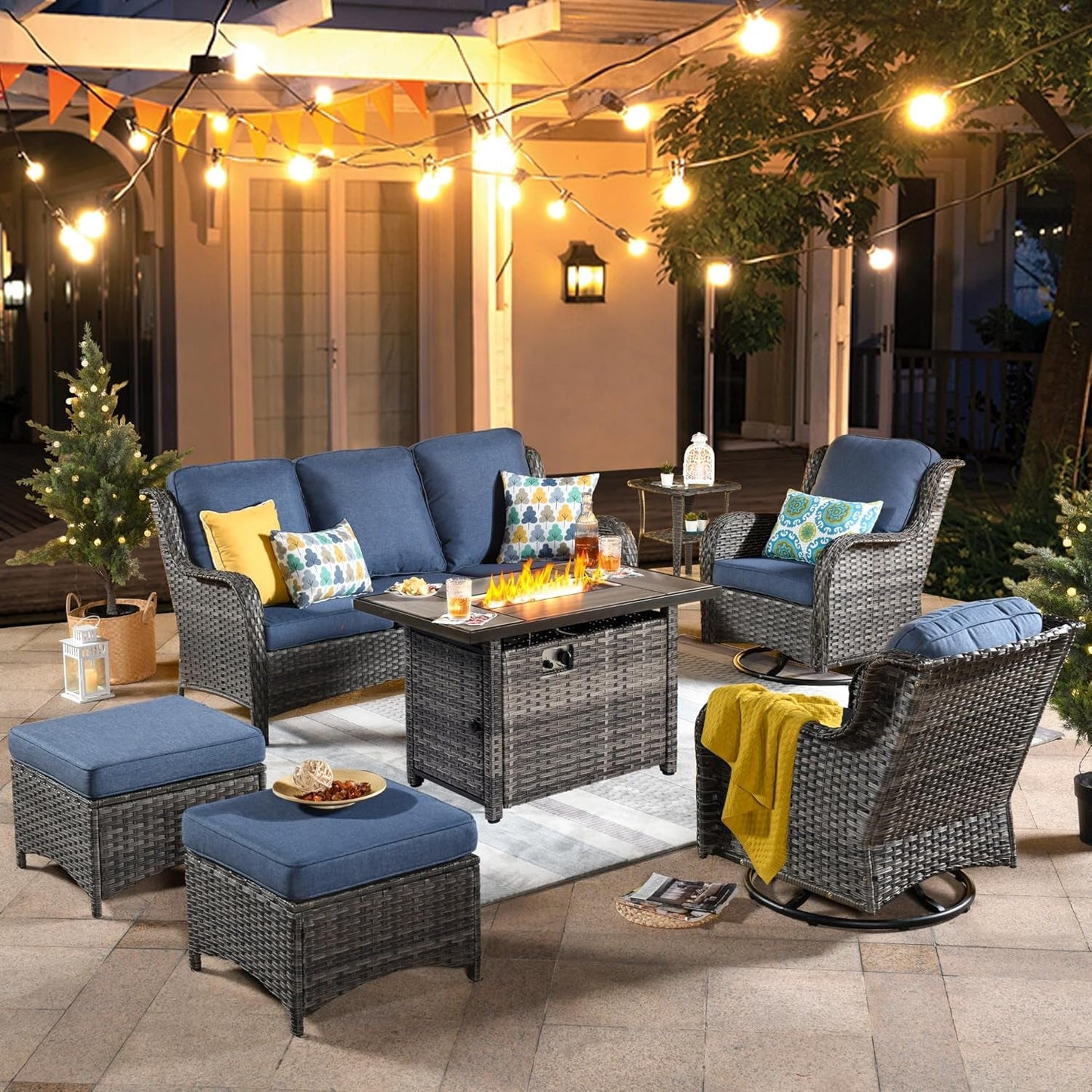 Seven Piece Outdoor Patio Furniture Set with Fire Pit