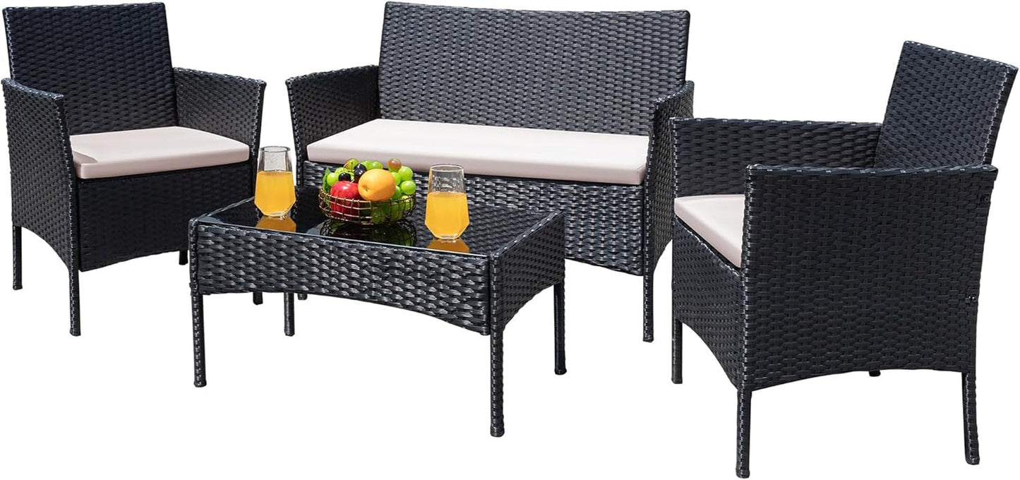 Patio Furniture 4 Pieces Conversation Sets Outdoor Wicker Rattan Chairs Garden Backyard Balcony Porch Poolside Loveseat with Cushion and Glass Table, Black and Beige-0