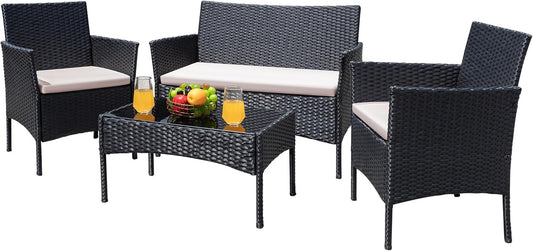 Patio Furniture 4 Pieces Conversation Sets Outdoor Wicker Rattan Chairs Garden Backyard Balcony Porch Poolside Loveseat with Cushion and Glass Table, Black and Beige-0