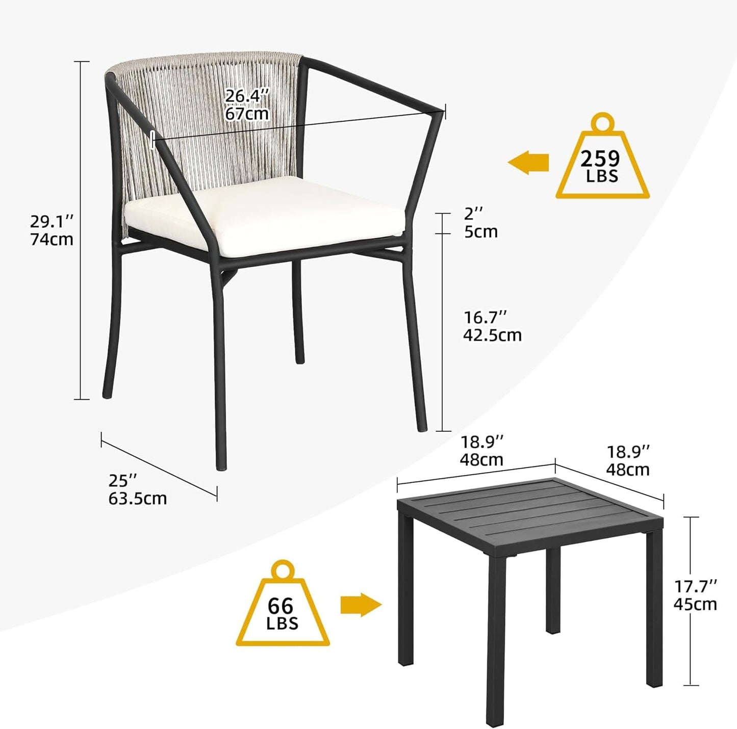 3 Pieces Patio Set Wicker Furniture Outdoor Table and Chairs Rattan Chair Conversation Sets with Cushions & Coffee Table for Porch Backyard Poolside Garden, Gray-3