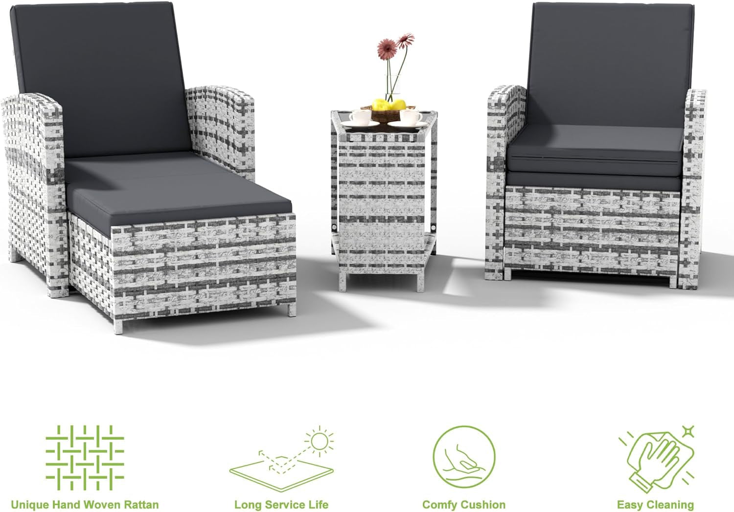 Outdoor Patio Chairs with Ottomans, 5 Piece Outdoor Patio Furniture Set, Wicker Patio Conversation Set, Outdoor Sofa with Ottoman, and Table for Porch, Garden, and Balcony, Grey-1