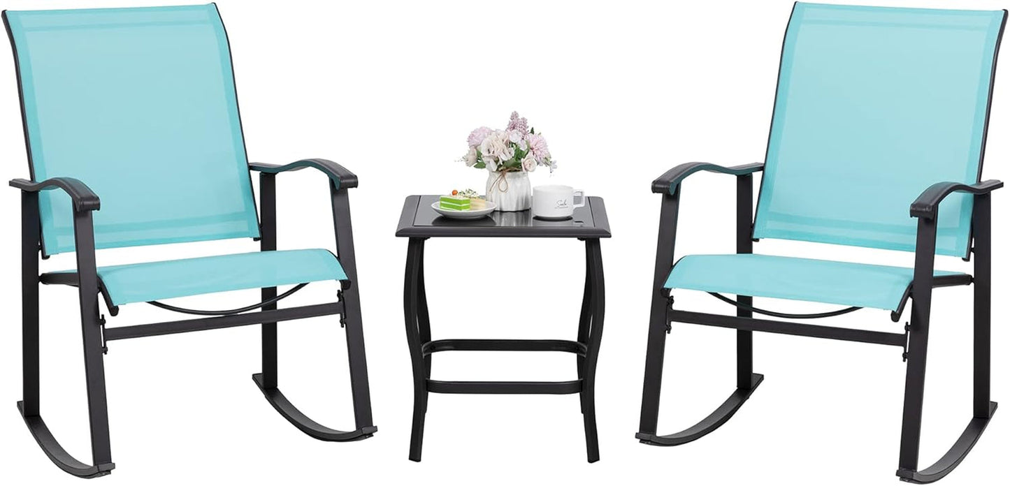 3 Piece Rocking Bistro Set, Outdoor Furniture with Rocker Chairs and Glass Coffee Table Set of 3, Balcony, Porch Furniture for Small Space, Blue