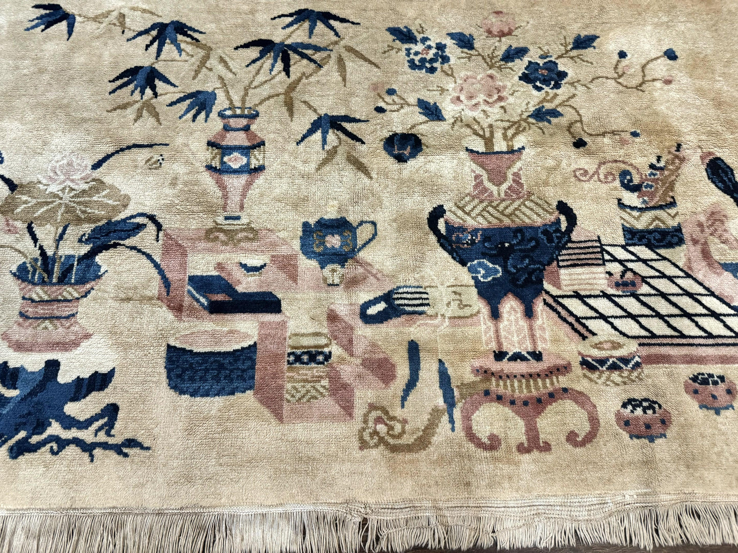 Chinese Rug 5x3, Horizontal Rug, Vases Flowers, Handmade Antique Vintage Carpet, Peking Rug, Chinese Wool Rug