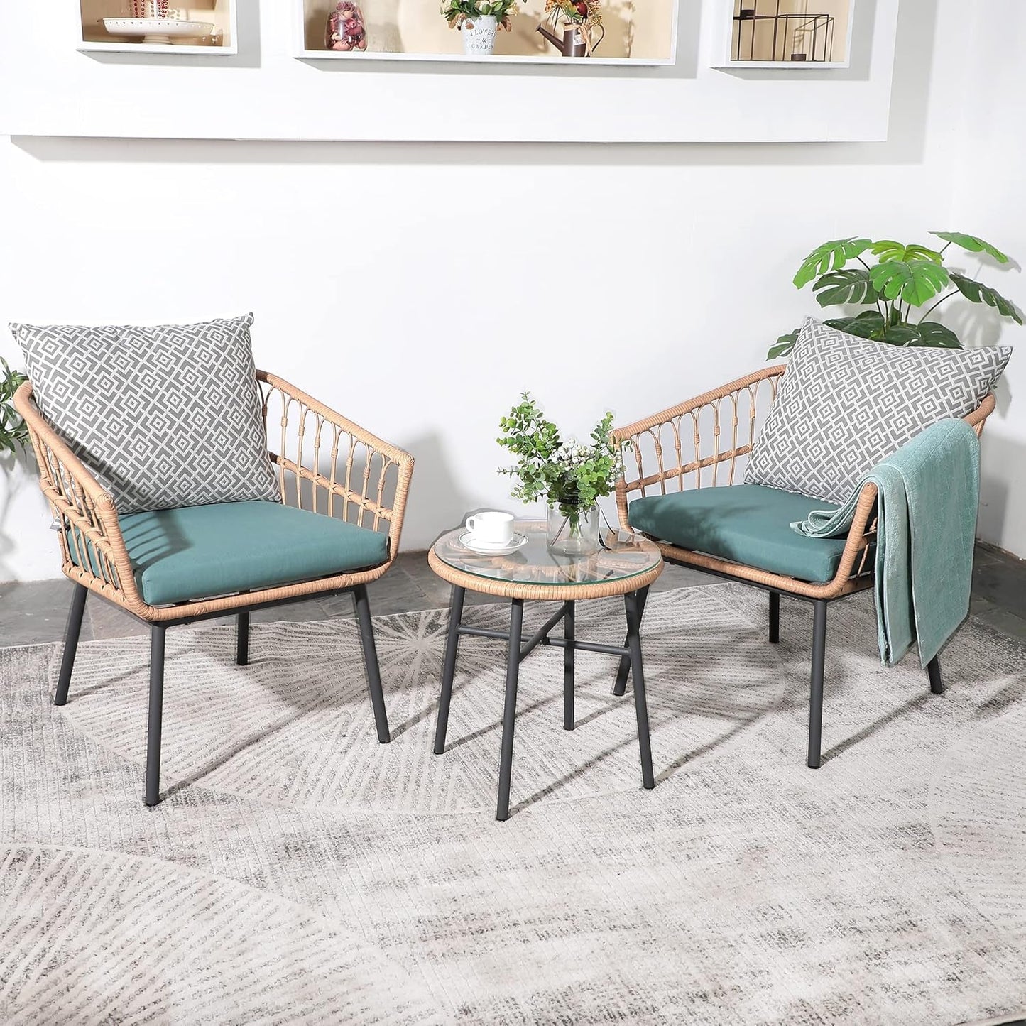 3 Piece Patio Furniture Outdoor Conversation Bistro Set with Tempered Coffee Table and Wicker Chairs for Garden Balcony Backyard Yard Poolside, Green (QX-MA-WF-001)-0